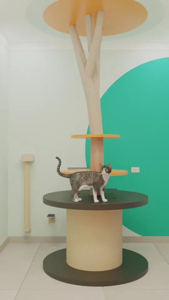 Projeto de ambiente felino com árvore arranhador e prateleiras para gatos