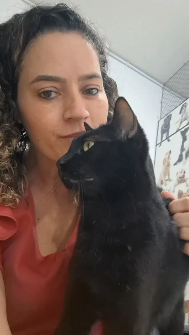 Veterinária da Clínica Bom Jesus com gato preto no colo